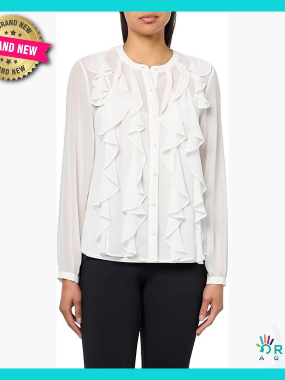 Cascade Ruffle Long Sleeve Blouse V-Neck Elegant Chic Button Front Polyester
